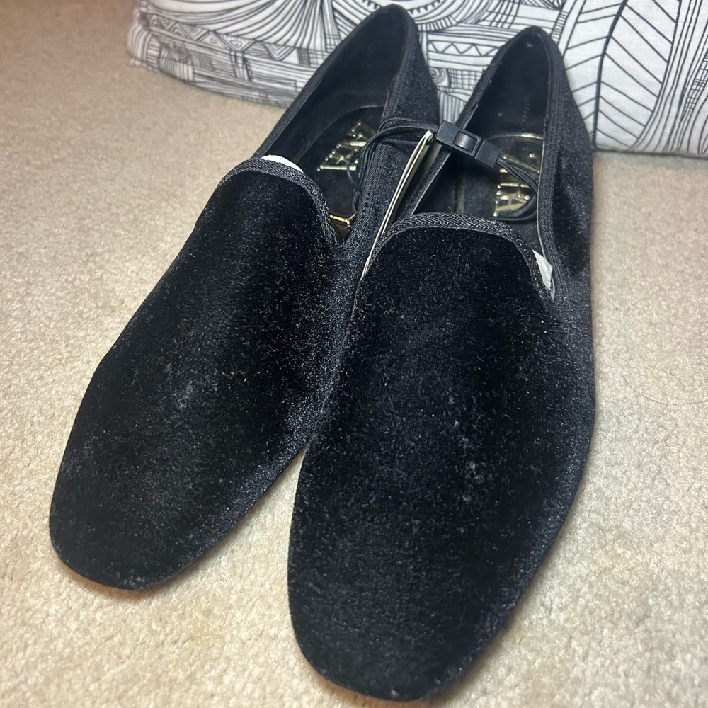 NWT ZARA Black Velvet Square Toe Flat Loafers - Picture 6 of 8